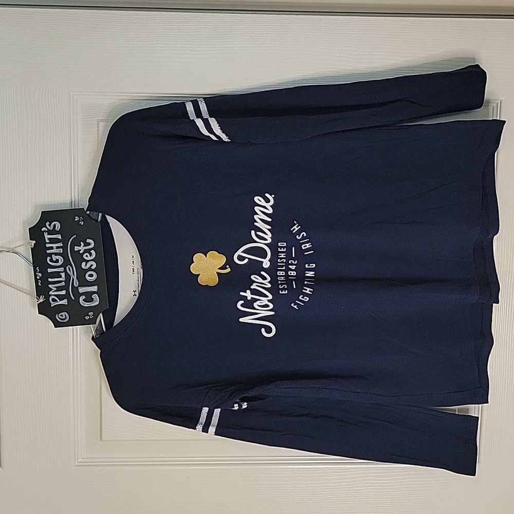 Under Armour Notre Dame T-Shirt Youth Medium Long Sleeve Navy White Gold